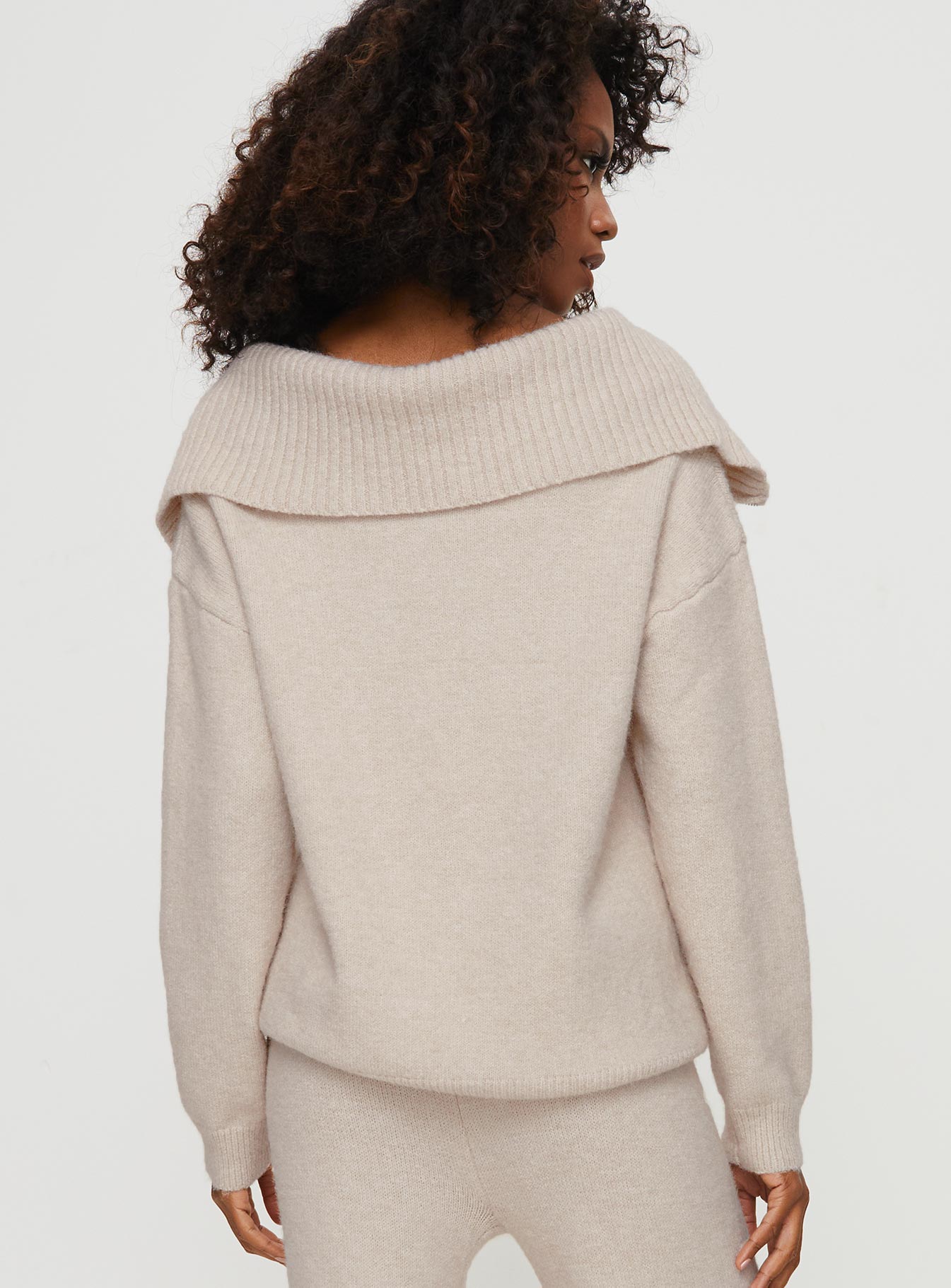 back view of model wearing Princess Polly Umanzor Quarter Zip Sweater Beige regular 
