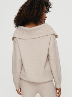 back view of model wearing Princess Polly Umanzor Quarter Zip Sweater Beige regular 