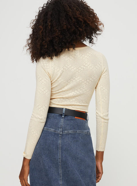 back view of model wearing Princess Polly Carouso Long Sleeve Bodysuit Cream Full Sleeves Crew Neck 