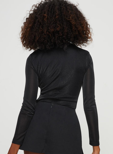 back view of model wearing Princess Polly Knighton Long Sleeve Bodysuit Black Full Sleeves Crew Neck 