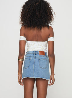 back view of model wearing Princess Polly Barbuto Denim Wrap Mini Skirt Light Wash Mini Skirts 