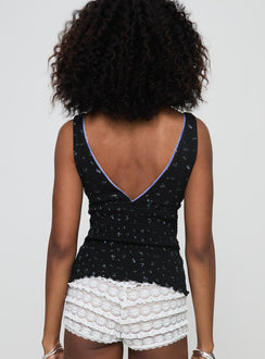 back view of model wearing Princess Polly Comfrey Top Black Sleeveless Plunger 