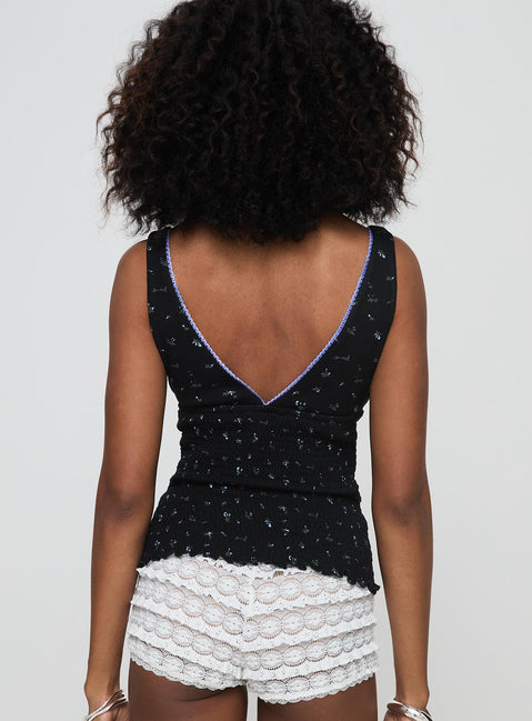 back view of model wearing Princess Polly Comfrey Top Black Sleeveless Plunger 