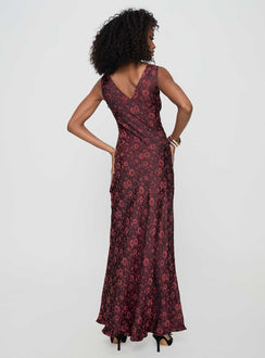 back view of model wearing Princess Polly Nell Jacquard Maxi Dress Burgundy V-Neck 
