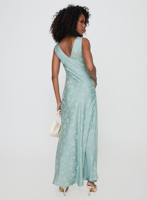 back view of model wearing Princess Polly Nell Jacquard Maxi Dress Blue V-Neck 