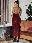 back view of model wearing Princess Polly Zotta Maxi Dress Burgundy Sweetheart Neckline 