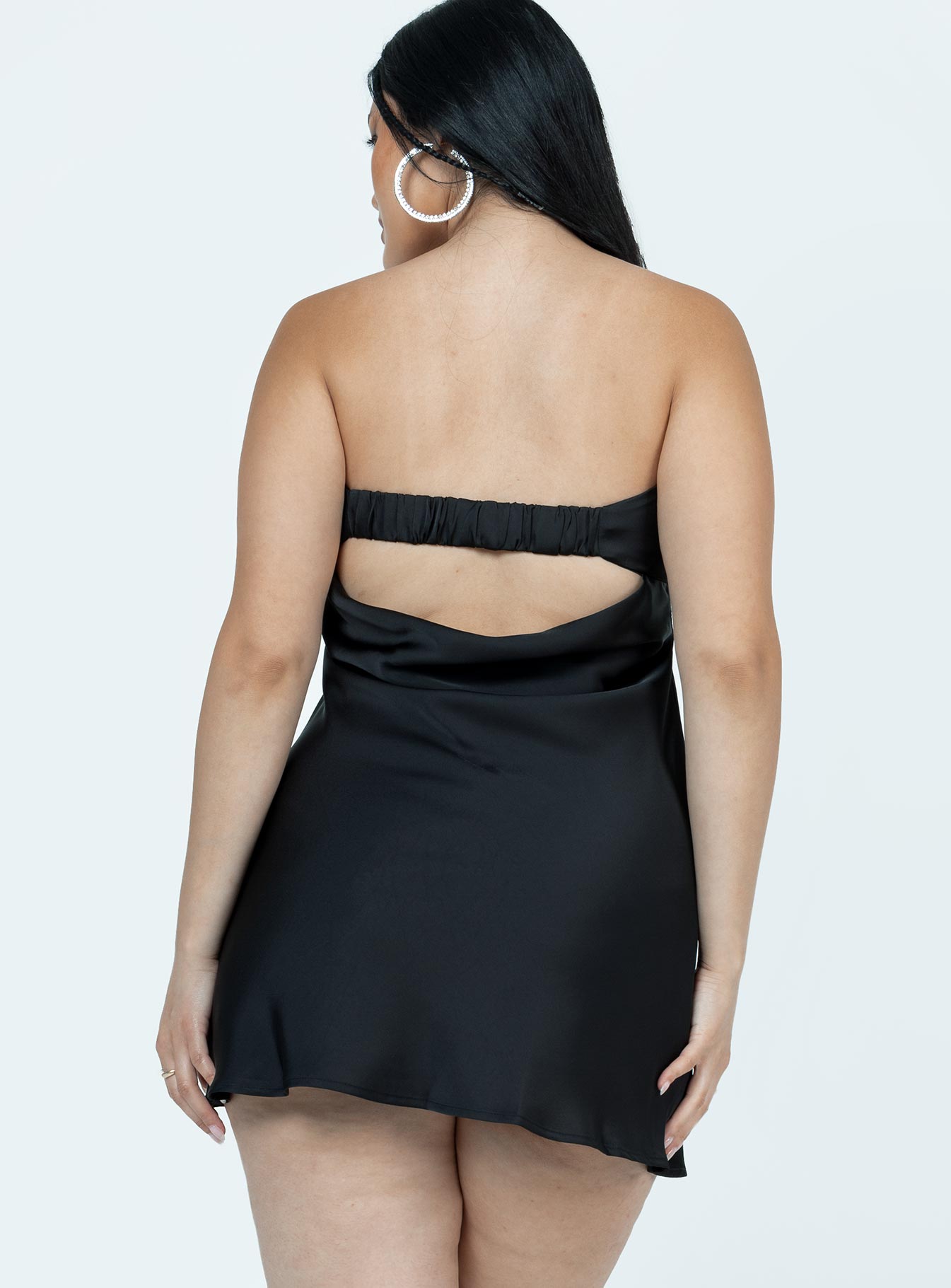 back view of model wearing Princess Polly Phillipa Mini Dress Black Tall Straight Neck 