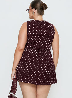 Kherin Boat Neck Romper Wine Polka Curve