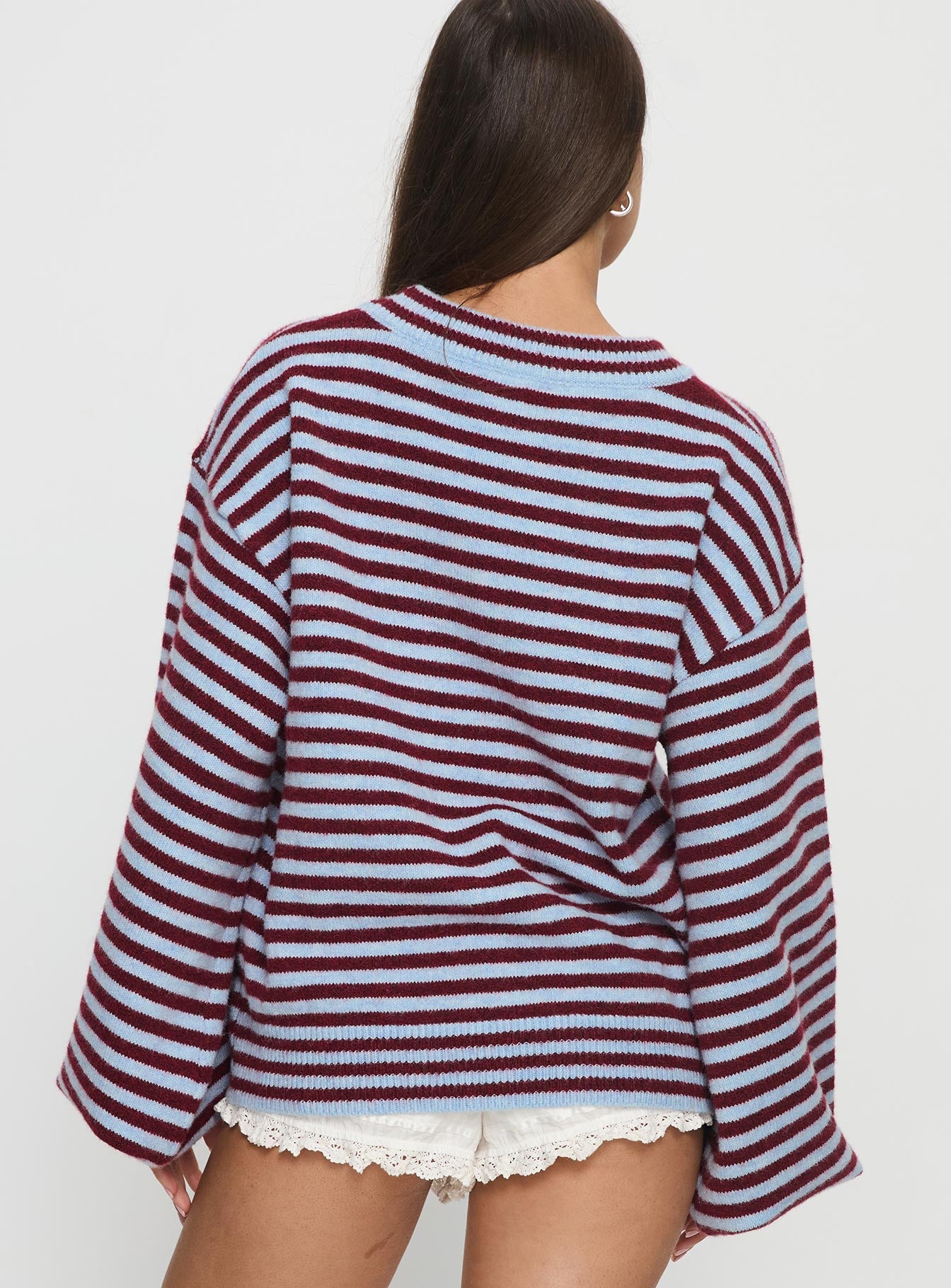 back view of model wearing Princess Polly Winter Stroll Knit Sweater Blue Stripe Longline Jumpers 
