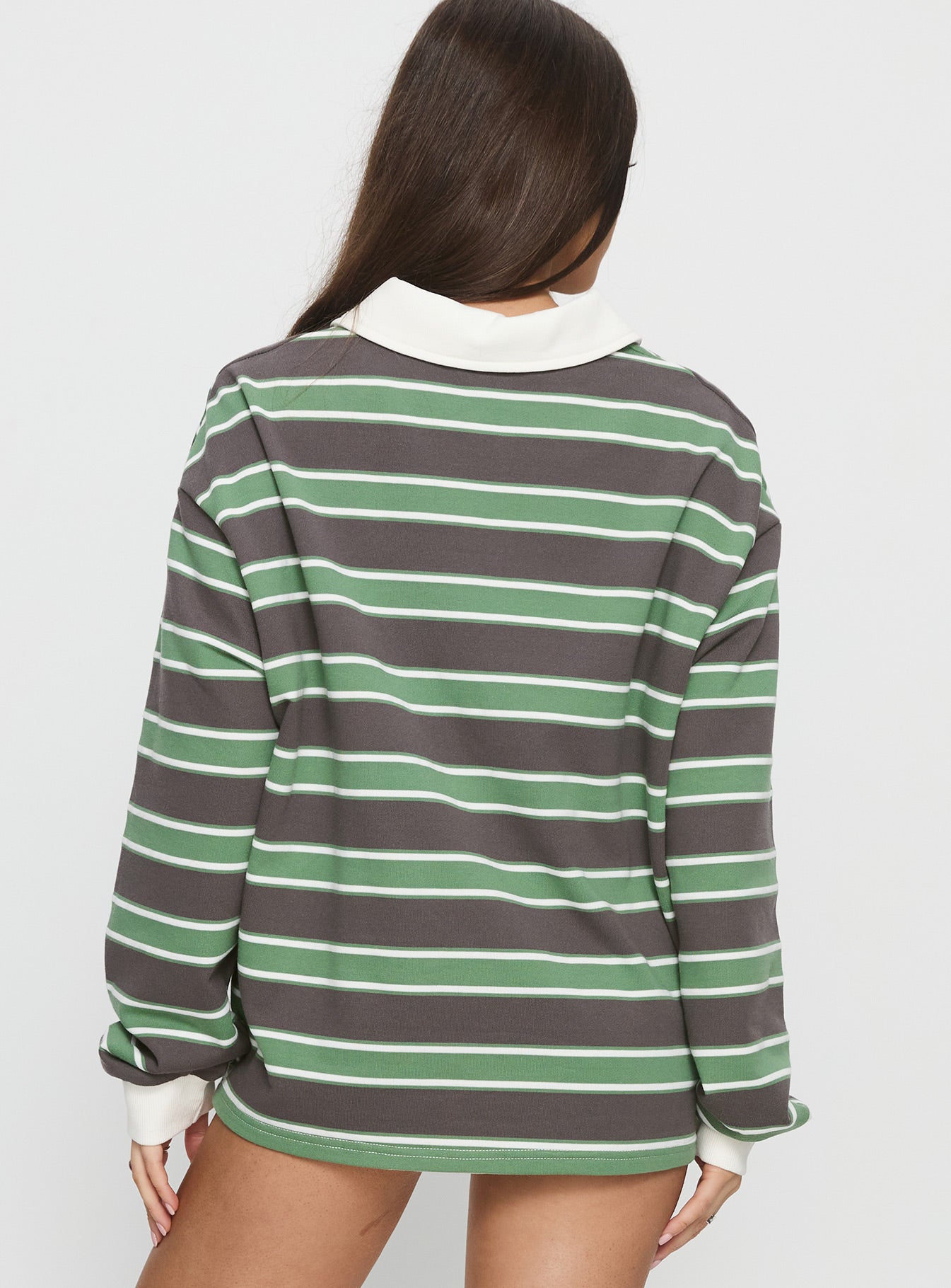 back view of model wearing Princess Polly Tycen Polo Rugby Jumper Green / Grey Stripe Long 