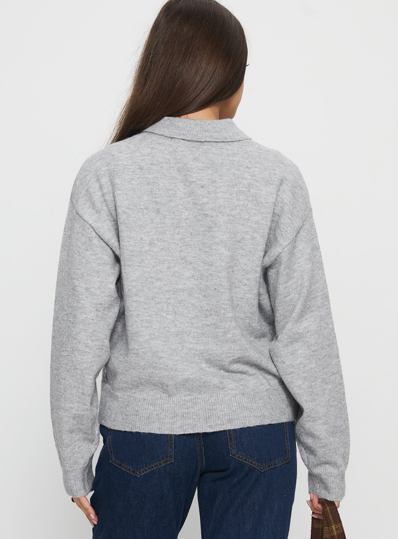 back view of model wearing Princess Polly Nadyna Collared Cardigan Grey Marle 