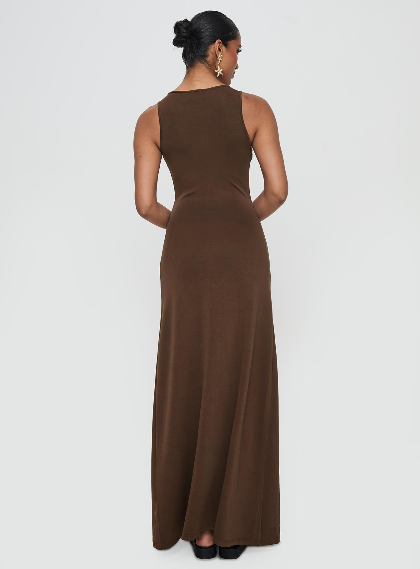 back view of model wearing Princess Polly Sanur Maxi Dress Brown Scoop Neck 