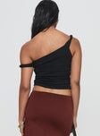 back view of model wearing Princess Polly Messenger One Shoulder Top Black Sleeveless Asymmetric Neckline 