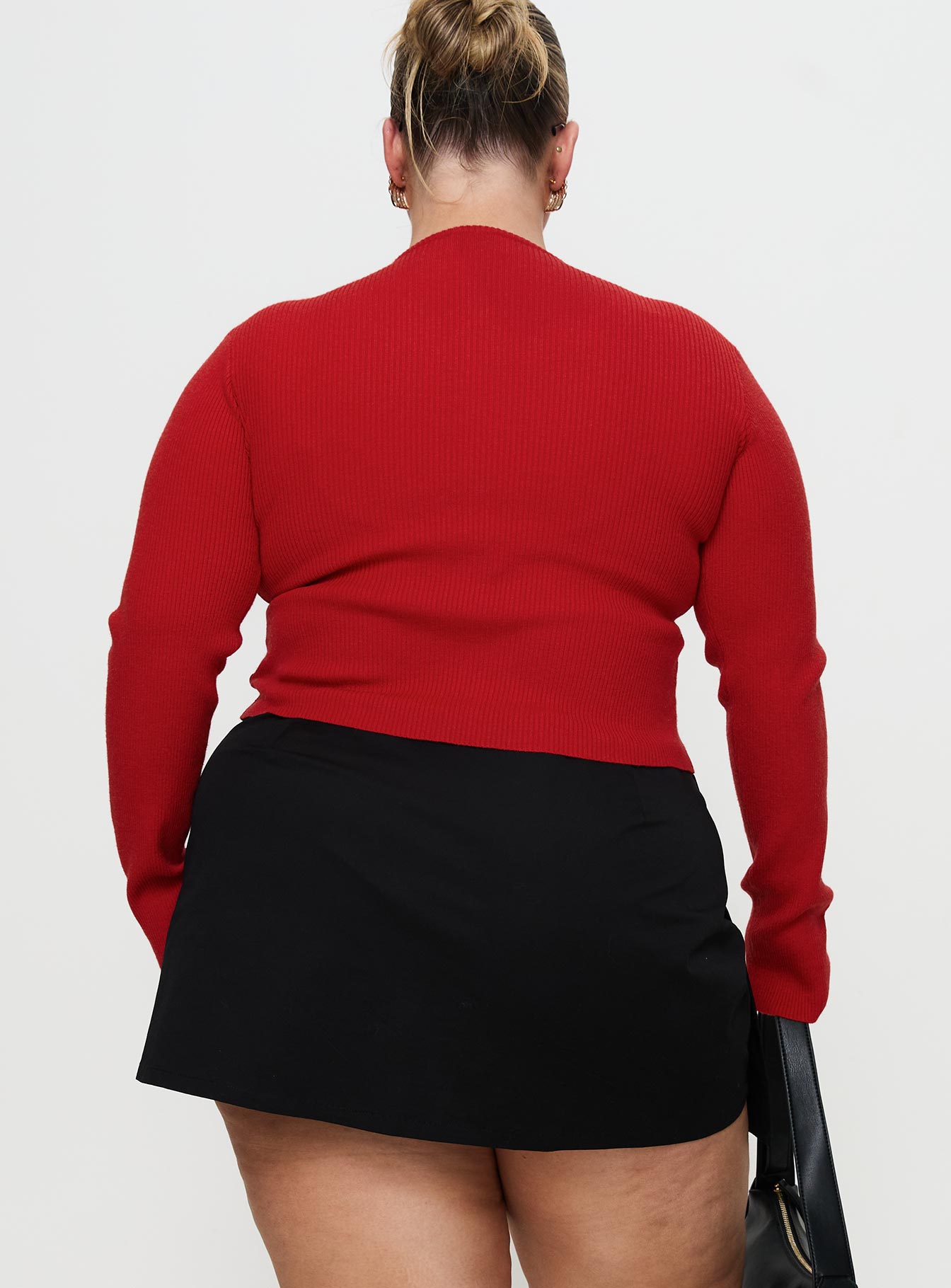 back view of model wearing Princess Polly Suzu Long Sleeve Top Red Curve Full Sleeves Crew Neck 