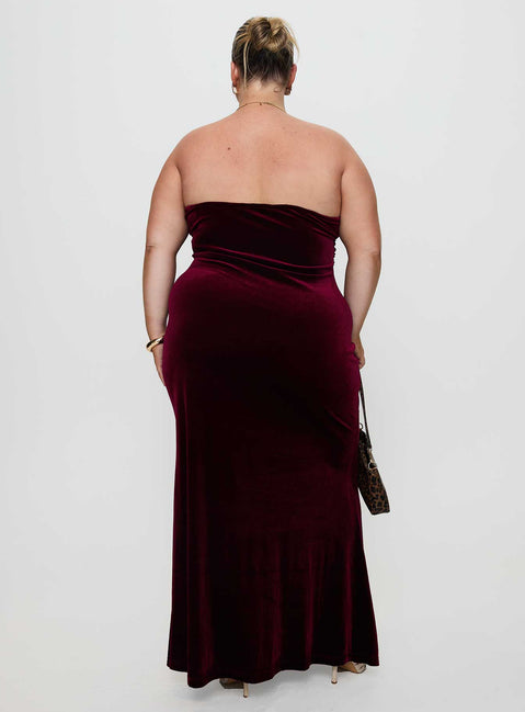back view of model wearing Princess Polly Irena Strapless Maxi Dress Burgundy Curve Sweetheart Neckline 