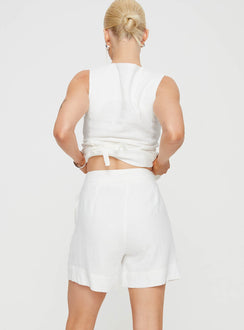 back view of model wearing Princess Polly Bellair Linen Blend Shorts White High Waisted Shorts 