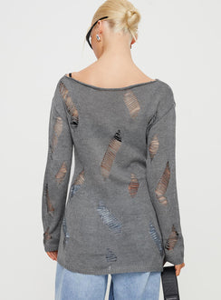 back view of model wearing Princess Polly Ermina Distressed Sweater Grey 