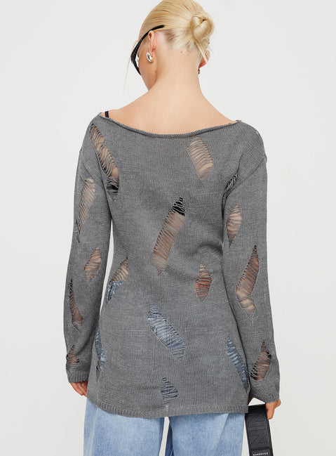 back view of model wearing Princess Polly Ermina Distressed Sweater Grey 