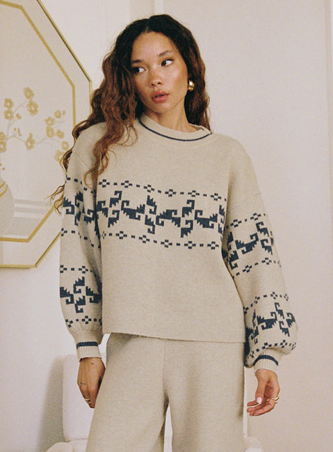 front view of model wearing Princess Polly Alpine Sweater Cream / Blue 