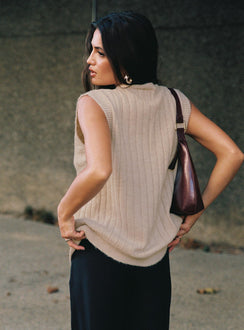 back view of model wearing Princess Polly Brookvale Button Up Knit Vest Beige Long 