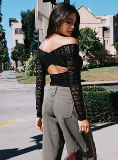 back view of model wearing Princess Polly Petaluma Off Shoulder Long Sleeve Top Black Full Sleeves V-Neck 