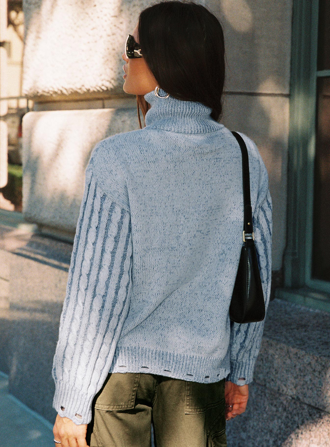 back view of model wearing Princess Polly Told The Truth Quarter Zip Knit Sweater Blue 