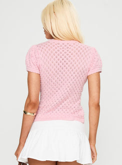 back view of model wearing Princess Polly Mari Knit Top Pink Short Sleeves Crew Neck 