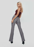 back view of model wearing Princess Polly Kinkirk Flared Pants Grey Mid Rise 