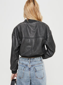 Faux Leather Jacket  Drop shoulder, ribbed collar, cuff & hem, twin hip pockets with clasp fastening  Zip fastening at front 