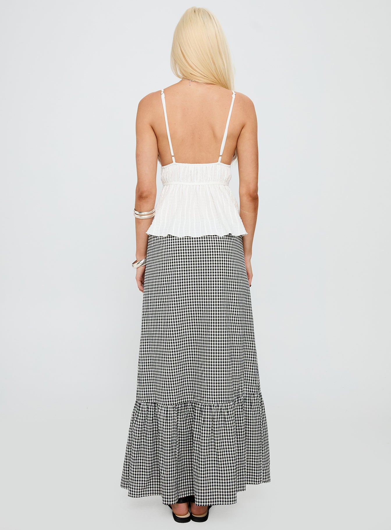 back view of model wearing Princess Polly Modern Girl Maxi Skirt Black / White Gingham Maxi 