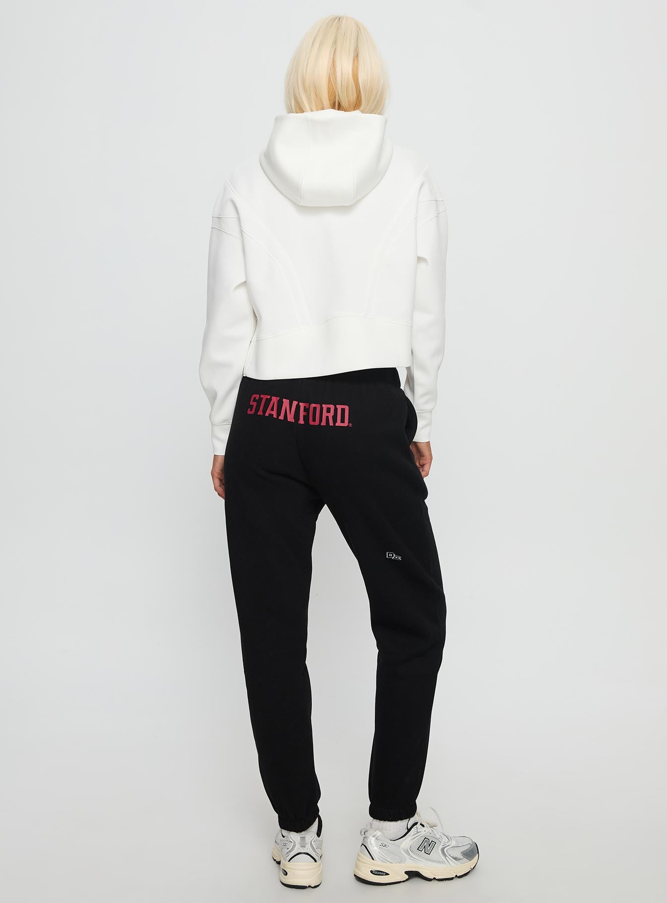 back view of model wearing Princess Polly Stanford Basic Sweatpants Black High Rise Pants 