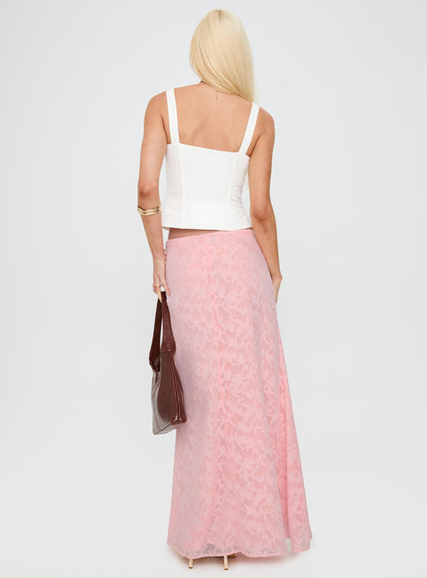back view of model wearing Princess Polly Youthful Spirit Lace Maxi Skirt Pink Maxi 