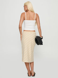 back view of model wearing Princess Polly Asmara Tie Side Midi Skirt Yellow Stripe Midi Skirts 