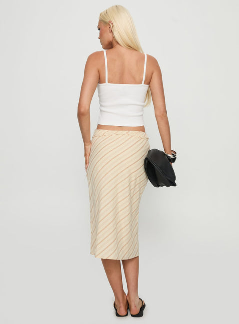 back view of model wearing Princess Polly Asmara Tie Side Midi Skirt Yellow Stripe Midi Skirts 