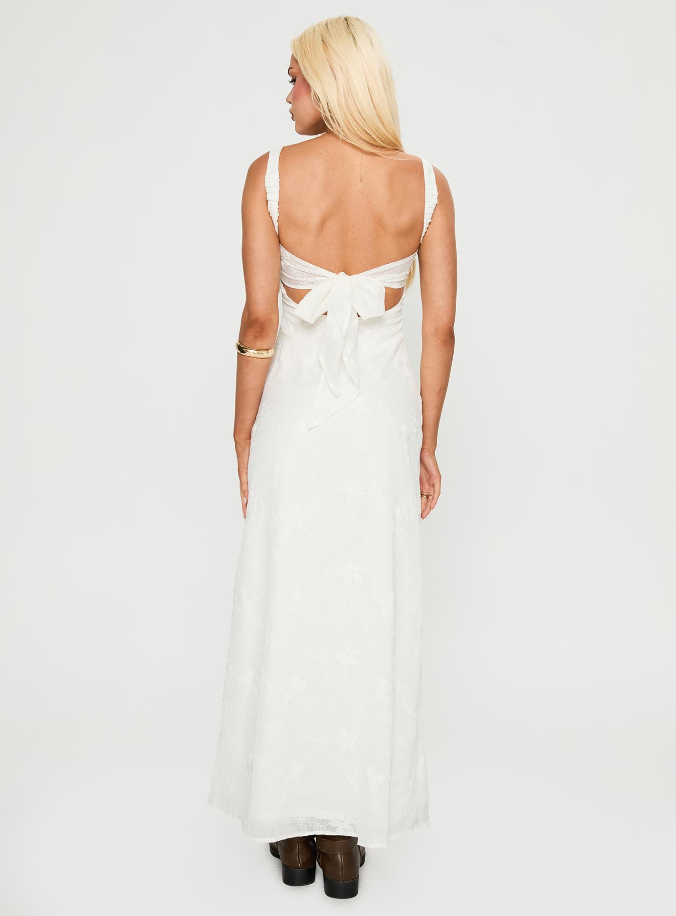 back view of model wearing Princess Polly Maisone Broderie Maxi Dress White Sweetheart Neckline 