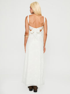 back view of model wearing Princess Polly Maisone Broderie Maxi Dress White Sweetheart Neckline 