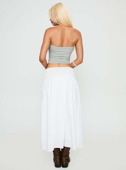 back view of model wearing Princess Polly Small Towns Shirred Midi Skirt White Midi Skirts 
