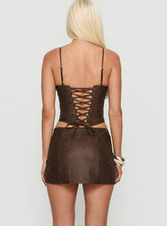 back view of model wearing Princess Polly Venessa Faux Leather Mini Skirt Brown Mini Skirts 