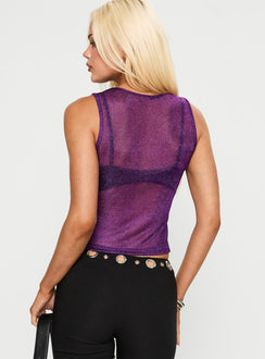 back view of model wearing Princess Polly Perfect Mirage Sheer Top Plum Sleeveless Crew Neck 
