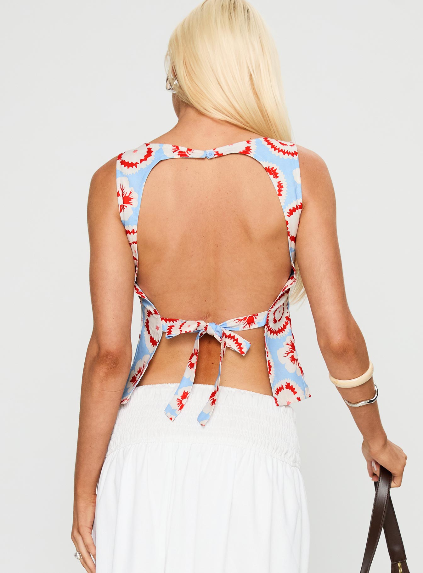back view of model wearing Princess Polly Lilitina Top Multi Floral Sleeveless Crew Neck 