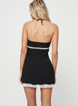 back view of model wearing Princess Polly Denvan Strapless Mini Dress Black Straight Neck 