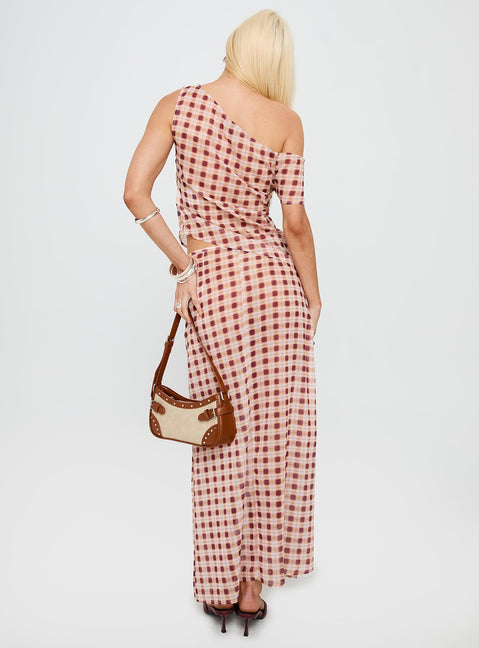 back view of model wearing Princess Polly Surina Skirt Peach Check Maxi 