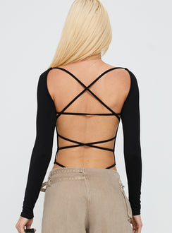 back view of model wearing Princess Polly All Tied Up Long Sleeve Bodysuit Black Long Sleeve Tops 
