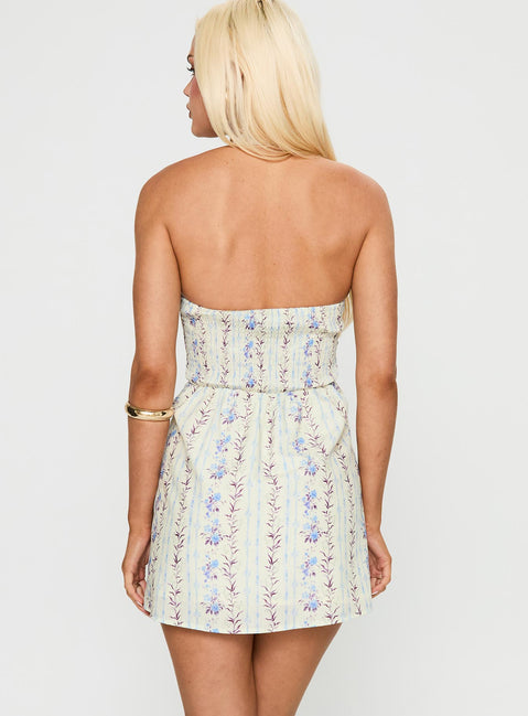 back view of model wearing Princess Polly Jasmynne Halter Mini Dress White / Blue Plunger 