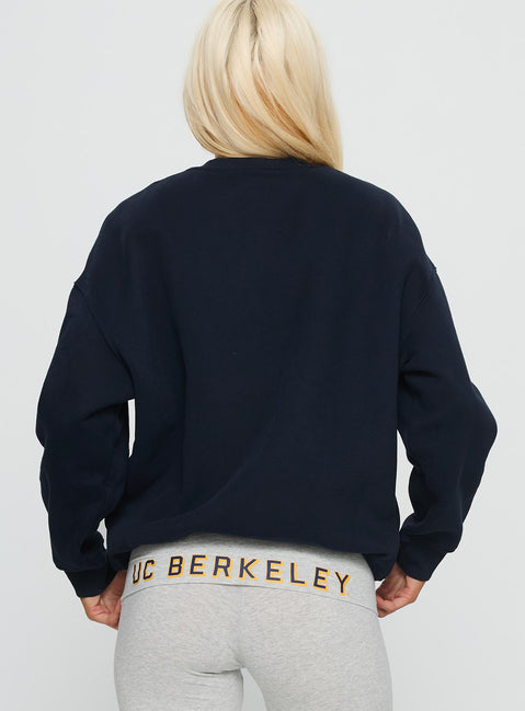 back view of model wearing Princess Polly UC Berkeley Offside Crewneck Sweatshirt Navy 