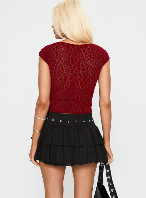 back view of model wearing Princess Polly Nova Top Maroon Short Sleeves Scoop Neck 