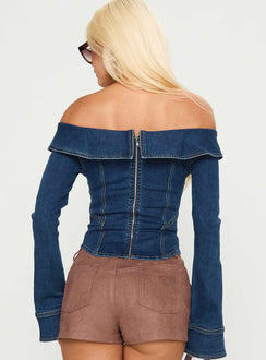 back view of model wearing Princess Polly In The Crowd Off Shoulder Top Dark Denim Full Sleeves straight 