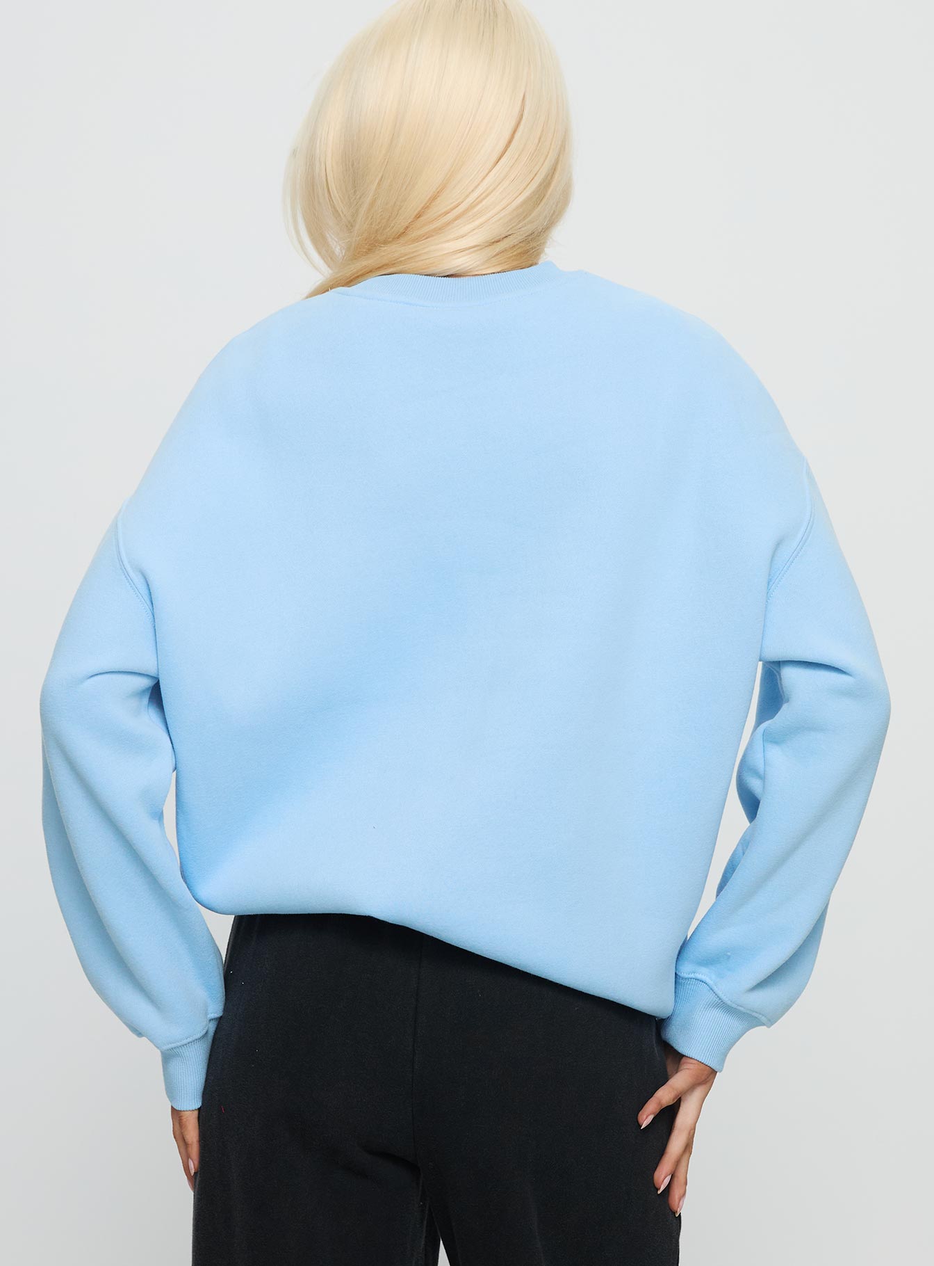 back view of model wearing Princess Polly Columbia Offside Crewneck Sweatshirt Blue Long 