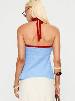 back view of model wearing Princess Polly Contradiction Hardware Detail Top Blue Sleeveless V-Neck 