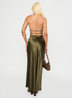 back view of model wearing Princess Polly Iridescent Plunge Maxi Dress Olive Green Plunger 